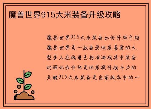 魔兽世界915大米装备升级攻略