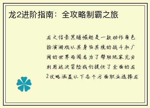 龙2进阶指南：全攻略制霸之旅